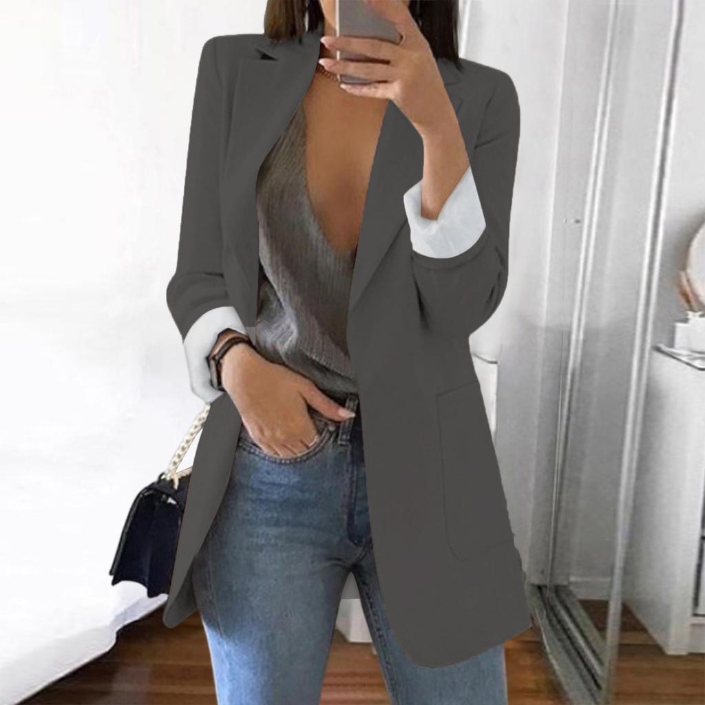 Women Solid Open Front Pockets Cardigan Formal Suit Long Sleeve Blouse Coat
