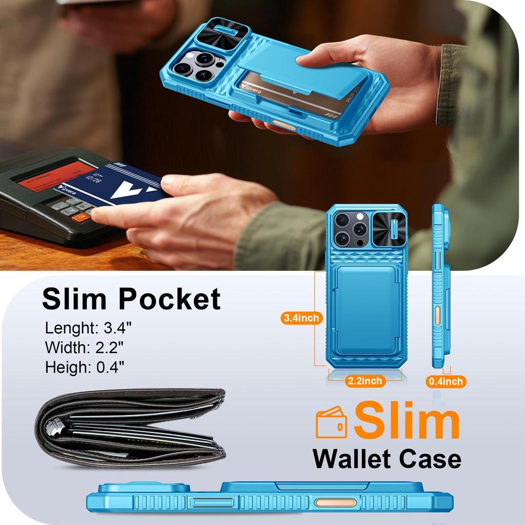 RFID Blocking Wallet Case with Card Holder Sliding Camera Cover PC+TPU Protective Case for iPhone 16 Pro Max-Light Blue