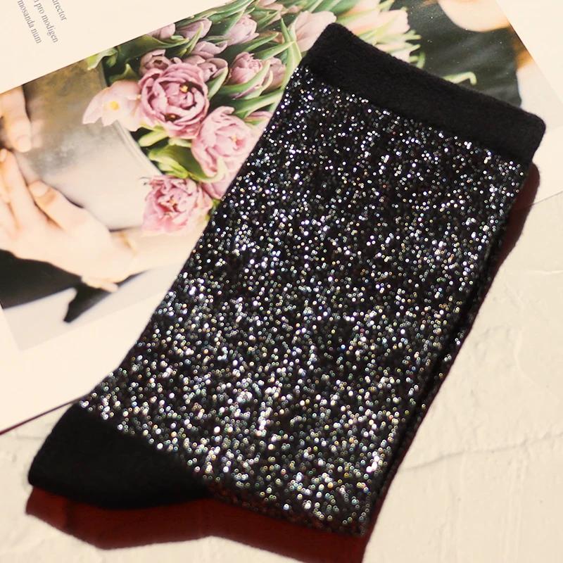 Fashion women's shiny solid color high quality combed cotton socks gold and silver thread soft and comfortable woman socks