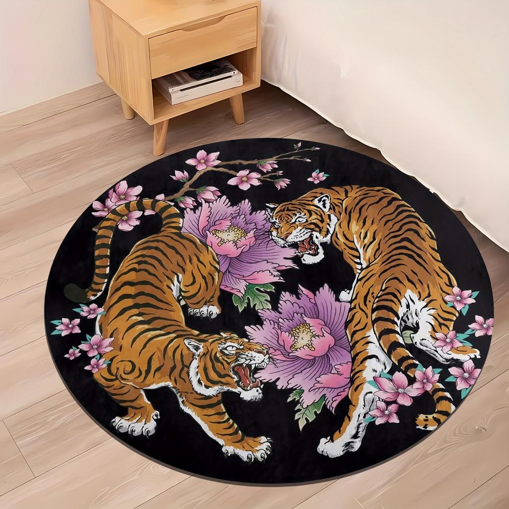1PcscTiger Print Round Area Rug Indoor Non-Slip Washable Fiber Carpet Soft Comfortable Mat For Bedroom Living Room