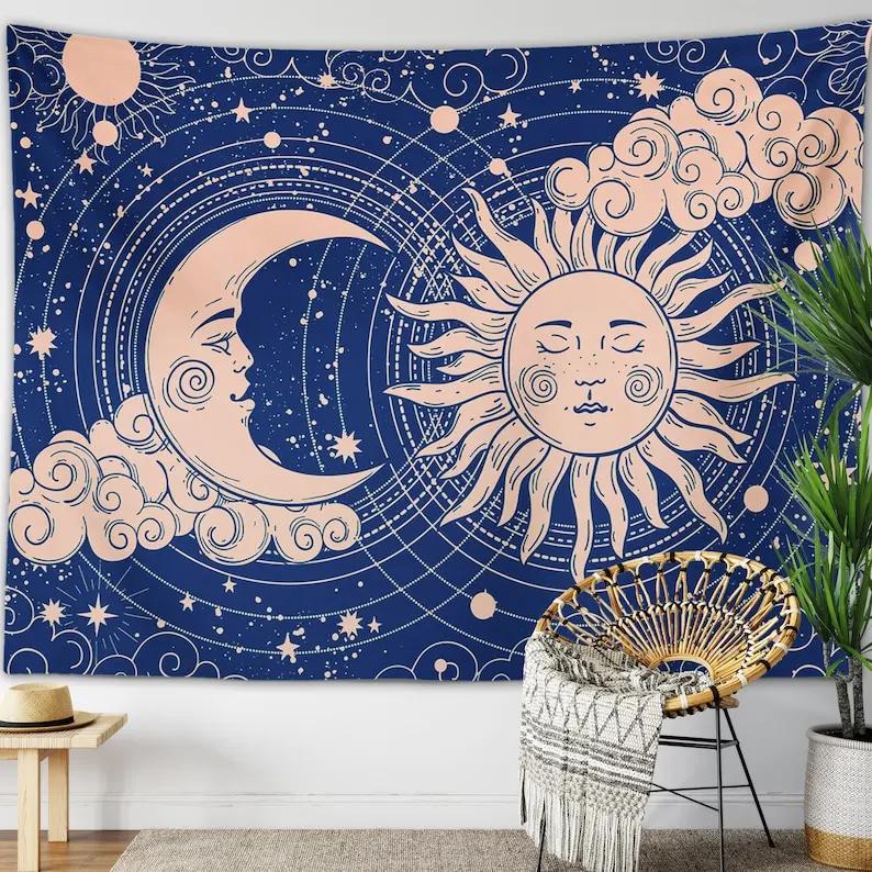 Sun  Moon Tapestry  Blue Celestial Sky Wall Hanging Bohemian Yoga  Meditation Decor Mystical Boho Style for Dorm or Home