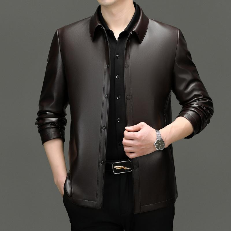 Autumn New Young and Middle-aged Men's Leather Jackets, Business Casual Snap Button Lapel Leather Jackets, Fashionable and Versatile Jackets