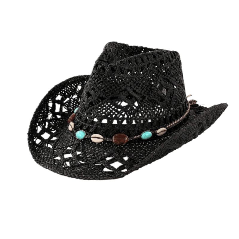 Hollow Straw Woven Western Cowboy Hat Women's Summer Sun Protection Visor Seaside Beach Hat Ethnic Wind Beaded Decorative Hat