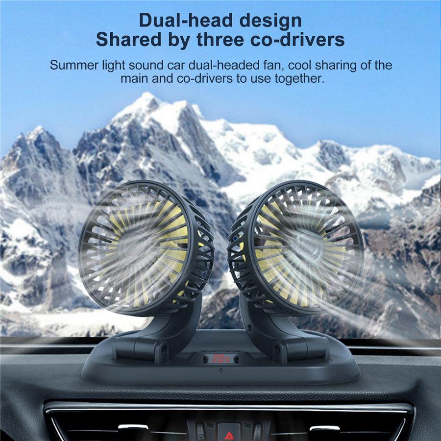 360 Degree Rotation Dual Head Vehicle Car Cooling Fan 12V Real-time Temperature