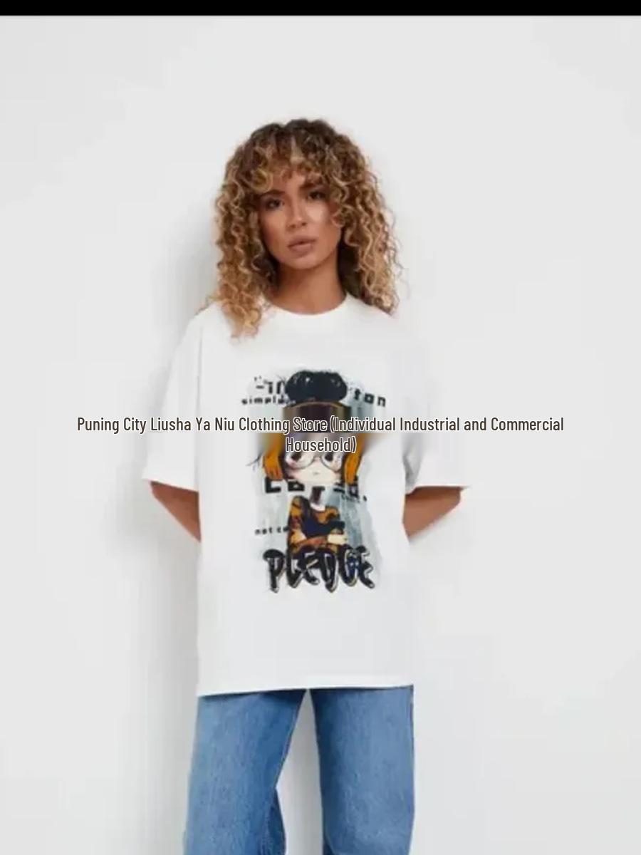 Trendy Cartoon Girl Print Cotton T-Shirt - European & American Summer Style S белый