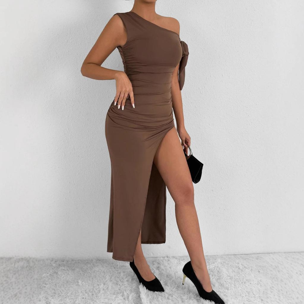 Summer Sexy Nightclub Fashion Sloping Shoulders Sleeveless Irregular Evening Dress Women Slit Bodycon Vestidos
