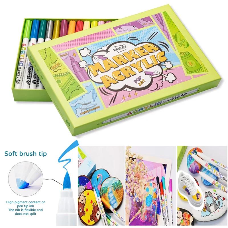18/60 Colors Acrylic Markers Collection Brush Pens for Fabric Rock Painting Pen Ceramic Glass Canvas DIY Card Making Art Supplies