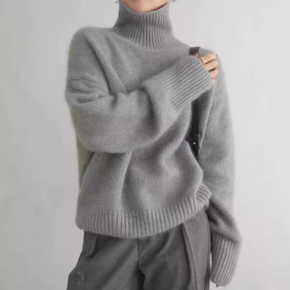 European Style High Neck Loose Wool Sweater – Women's Versatile Solid Color Knitted Sweater