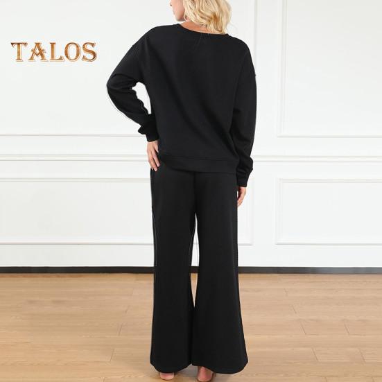 2 Teile/satz Frauen Top Hosen Anzug O Hals Lange Ärmel Einfarbig Sport Sweatshirt Kordelzug Elastische Taille Breite Bein Hosen Fitness Outfit Herbst Frühling