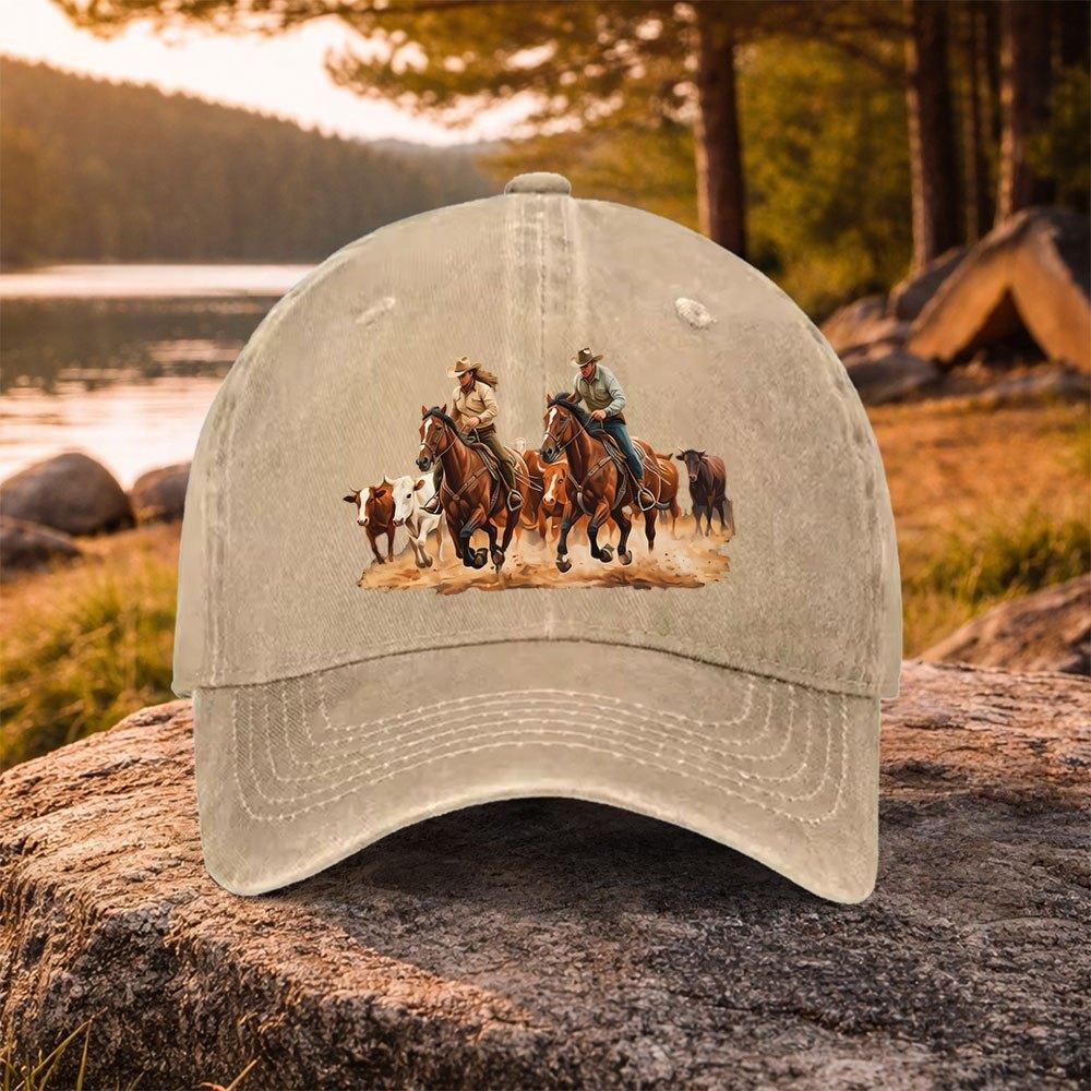 Pc Casual Versatile Western Cowboy Herding Print Washed Baseball Cap Suitable for Golf Casual Wear and Outdoor Activities G