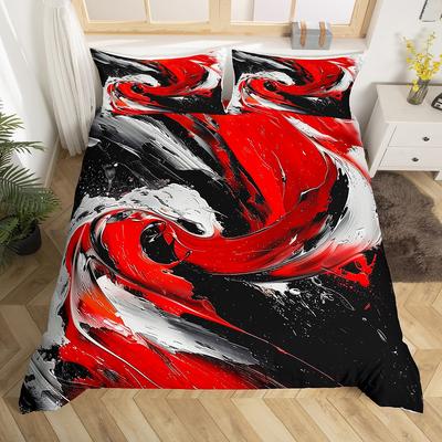 Homewish Kunstwerk Geometrie Bettbezug-Set für Erwachsene, Retro Öldruck Bettwäsche-Set, Schwarz Rot Abstraktes Bettset