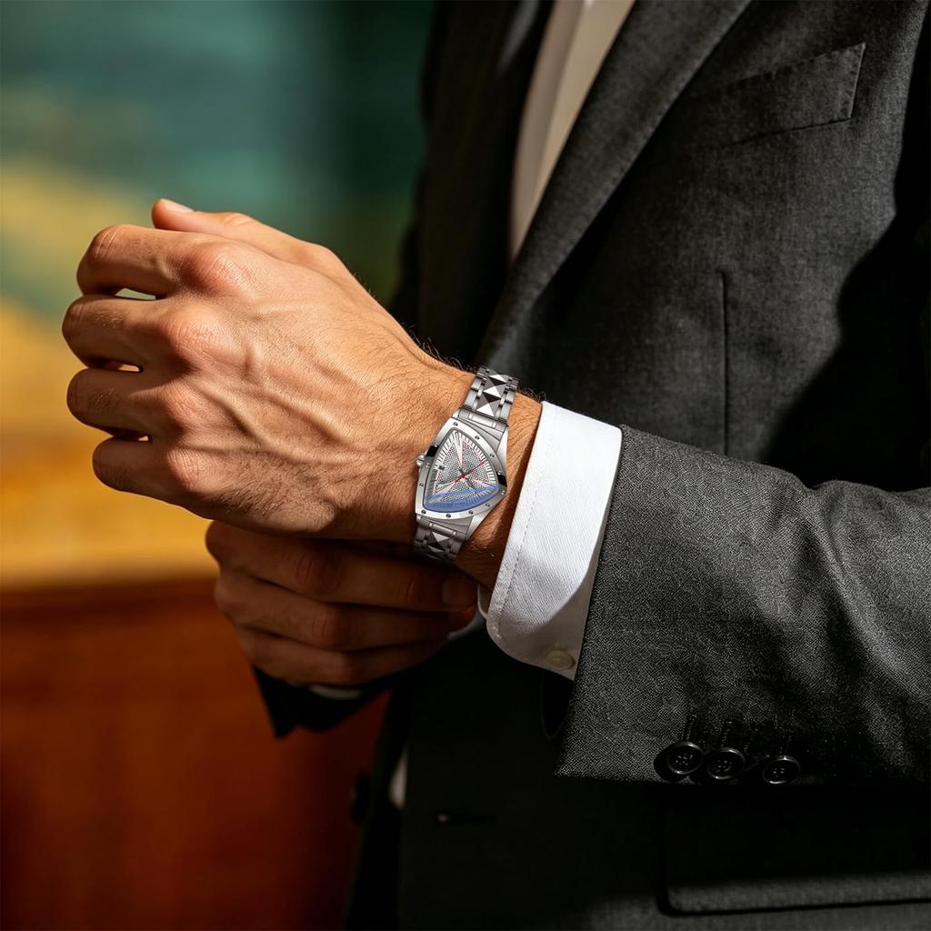 Triangular Case Watch with Stainless Steel Band Featuring Luminous Analog Quartz 3ATM Water and Date Calendar Designed for Visibility and Durability
