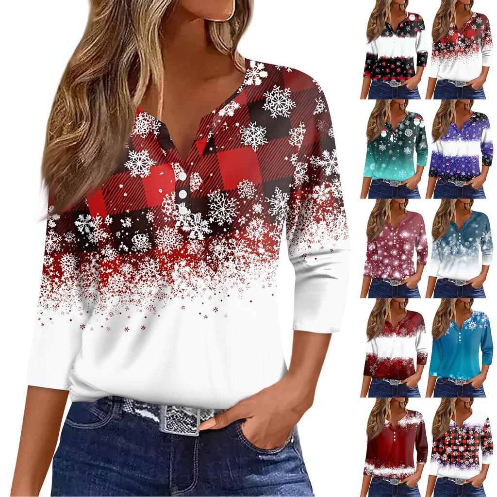 Women's T Shirt Tee Christmas Printed Button 3/4 Sleeve Tunic Daily Weekend Fashion Basic V- Neck Regular Top