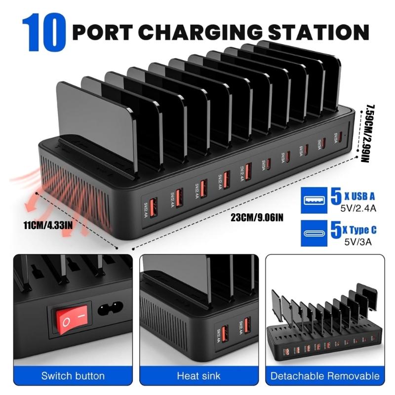 Intelligent European Plug Desktop Chargers with 10 Ports 5 USB 5 Type C ABS Material for Organized Multi Device Charging