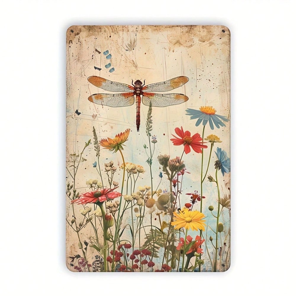 Vintage Floral Dragonfly Tin Sign Wall Decor Metal Plaque for Home Kitchen Bar Cafe