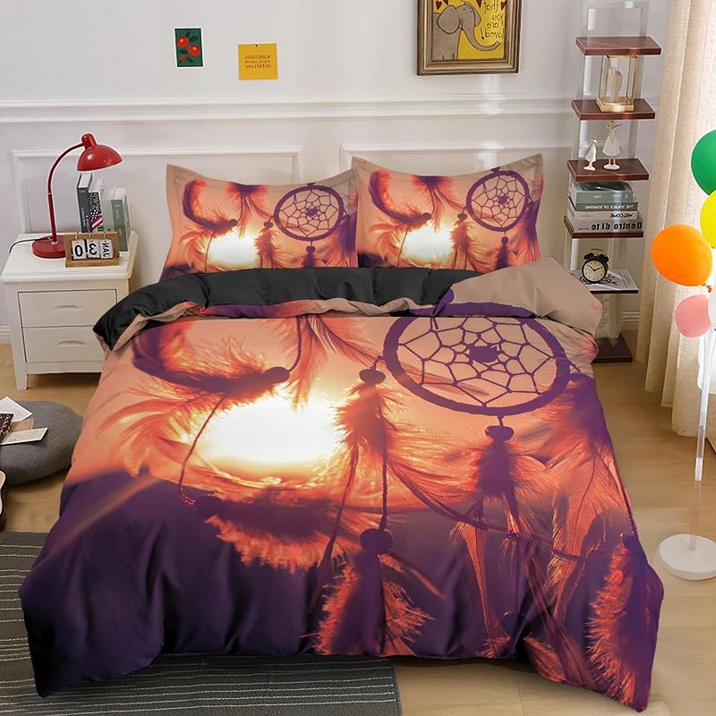 Dreamcatcher King Queen Duvet Cover Bohemian Style Bedding Set For Teen Girl Women Orange Sunset Scenery 2/3Pcs Soft Quilt Cover