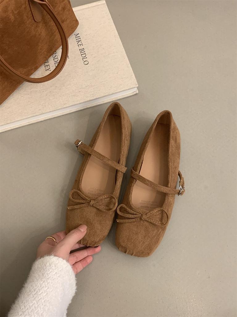 Suede square head shallow mouth single shoes women's autumn new late retro gentle ballet flat bottom Mary Jane