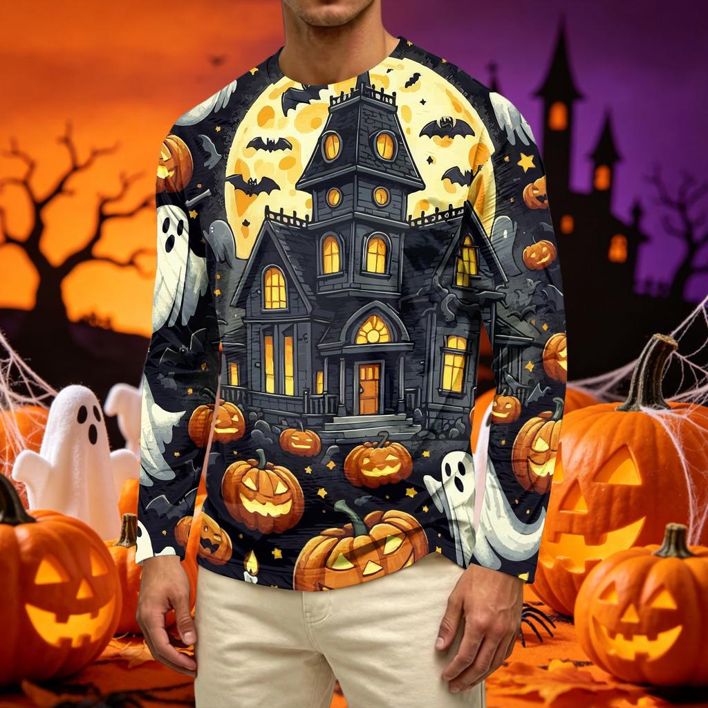 Men's Casual Long Sleeve Crew Neck T Shirt Halloween Pumpkin Ghost Print Lightweight Comfortable Fit Top