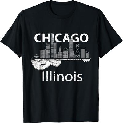 Camiseta Souvenir para Hombre de Chicago Illinois Música Guitarra Eléctrica