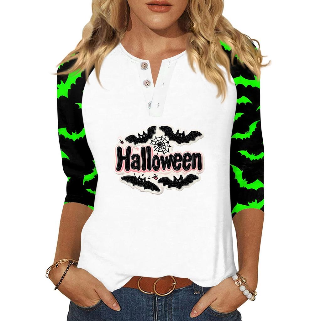 Dames T-shirt Halloween Print Knopen 3/4 Mouw Dagelijks Weekend Mode Basic V-Hals Normaal Topje