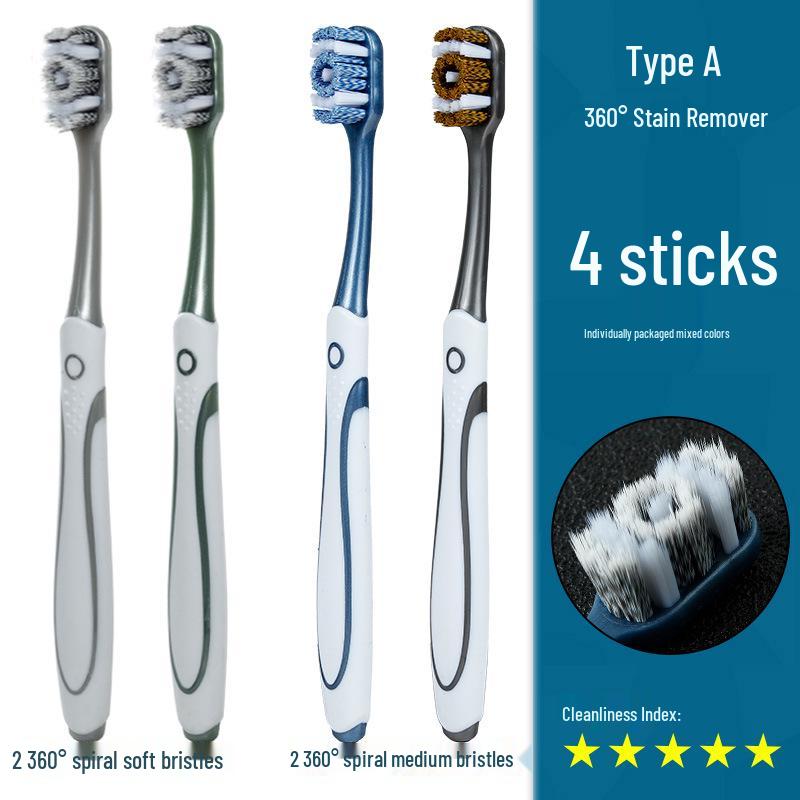 360° Medium-Hard Bristle Toothbrush for Effective Stain Removal - Spiral Filament, Soft Bristle, Adult Size