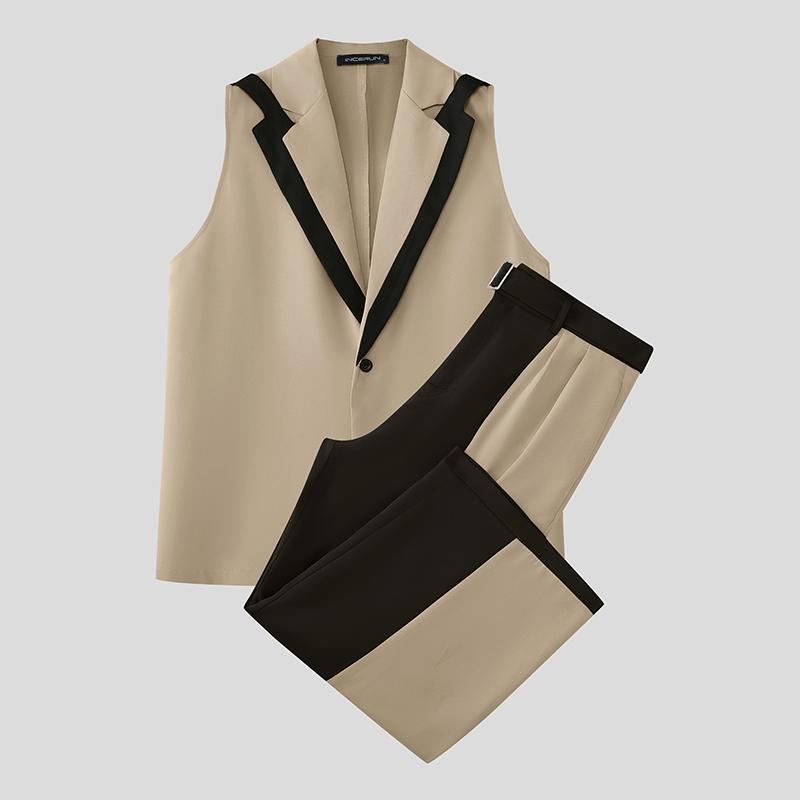 INCERUN 2PCS Men Sleeveless Patchwork Stitching Waistcoat and Long Pants Outfits Sets