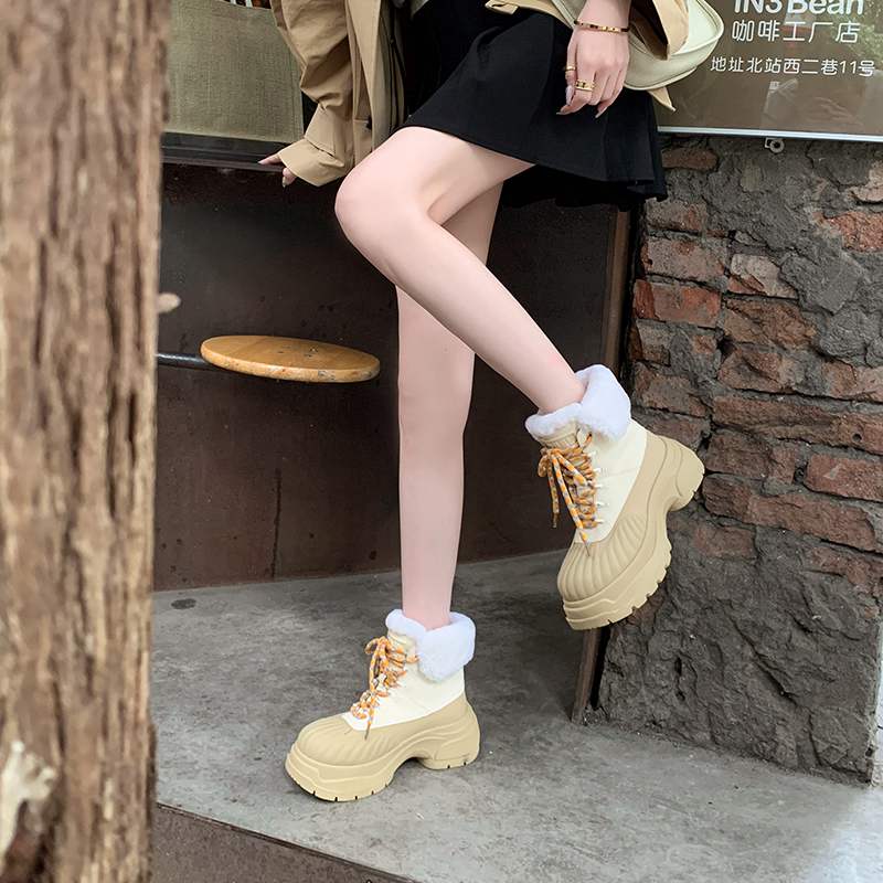 Krazing Pot Cow Leather Wool Blend Winter Round Toe Platform Snow Boots Lace Up Design Women Keep Warm Ankle Boots