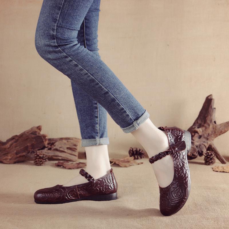 New luxury embossed mary jane shoes women's vintage real leather flats elegant sandals woman shallow braids strap moccasin shoe