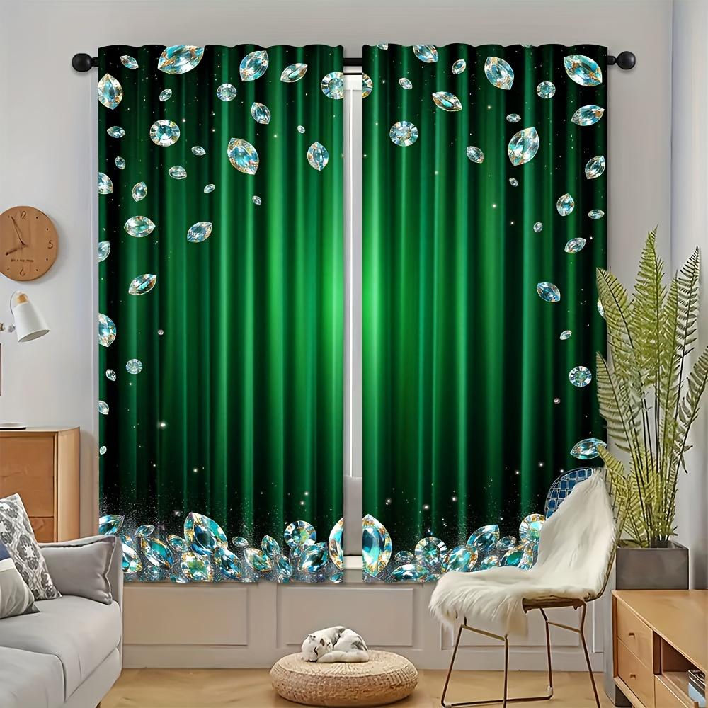 2Pcs Polyester Emerald Diamond Washing Printing Window Curtains Birthday Party Decoration Backdrop Drapes for Living Room