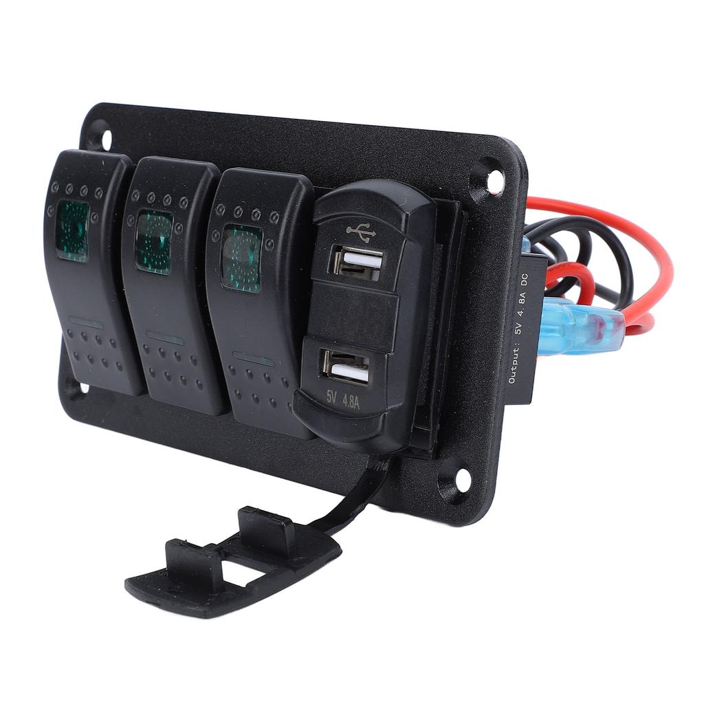 12V 24V 3 Gang Rocker Switch Aluminum Panel with Voltmeter Dual USB Fast Charging Multifuntional Switch Panel for Boat
