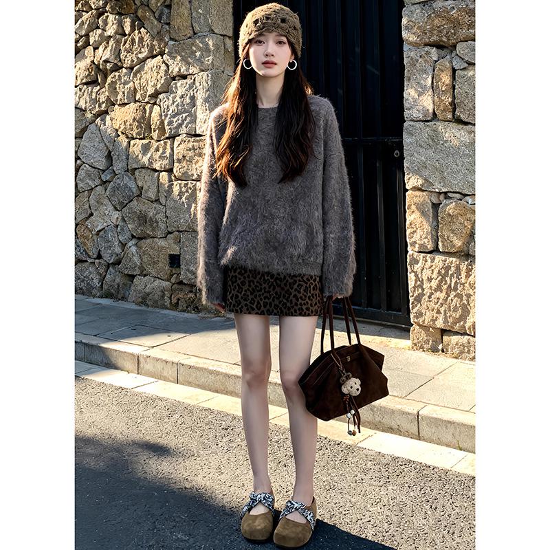 Women s Coffee Leopard Print Woolen A-Line Skirt - High Waist, Slimming, Autumn/Winter 2025 M