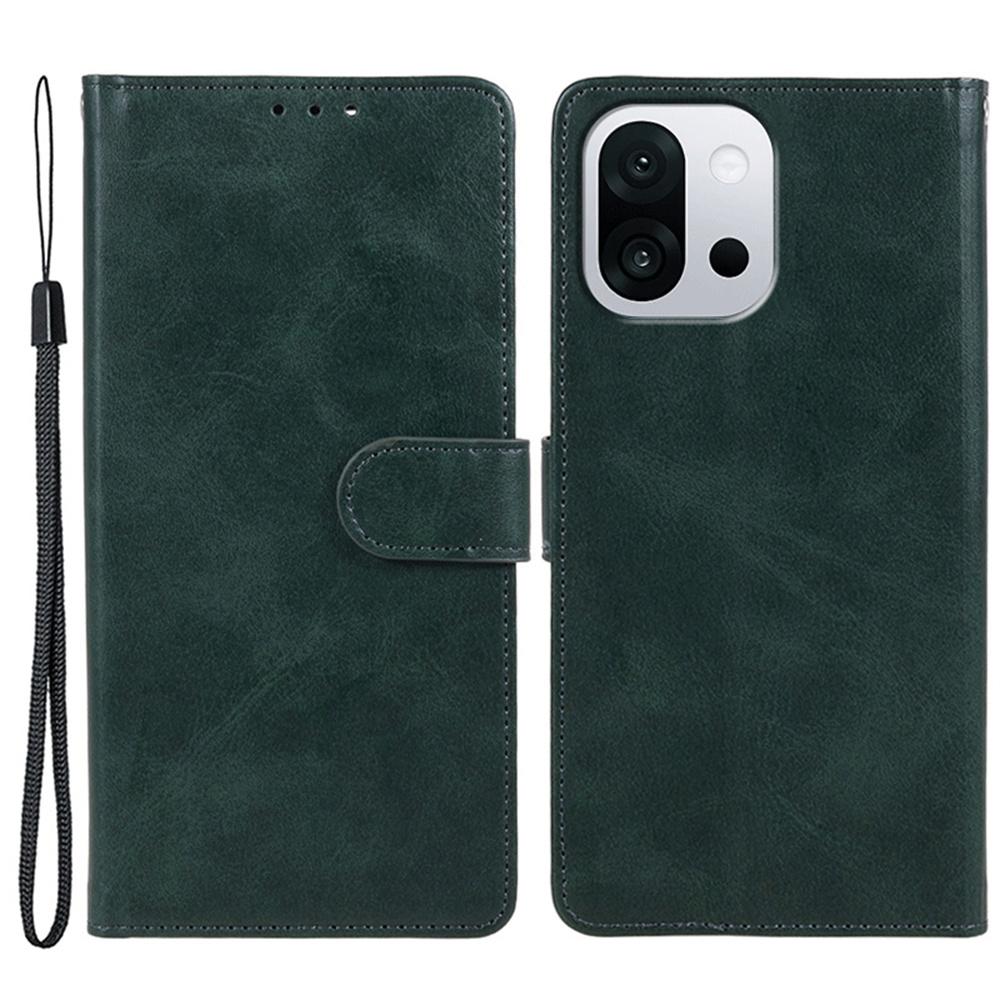 

For OnePlus 13T 5G Case Calf Texture PU Leather Wallet Phone Cover with Wrist Strap Midnight Green
