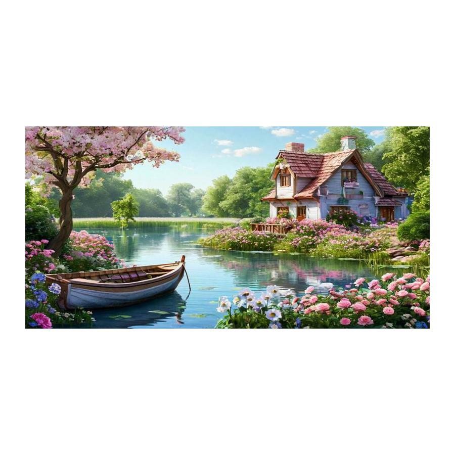 River House Boat Flower Large Size Diamond Painting Scenery Diy Full Square Round Drill Rhinestone Embroidery Mosaic Cross Stitch Kits Wall Decor