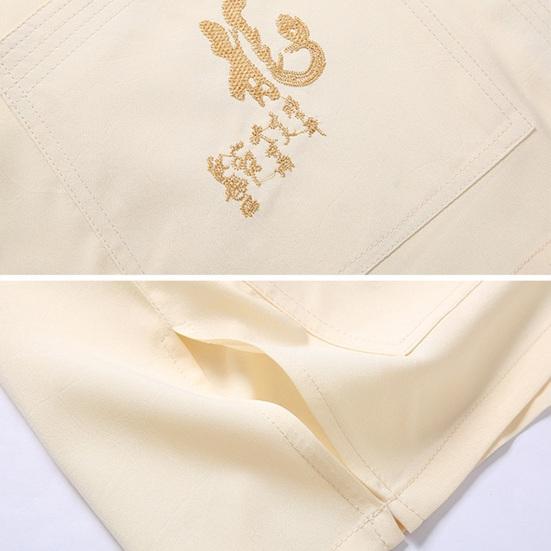 Herrenhemd mittleren Alters im chinesischen Stil mit Drachenmuster, Stehkragen, lange Ärmel, Taschen, einreihiges Tang-Anzugoberteil