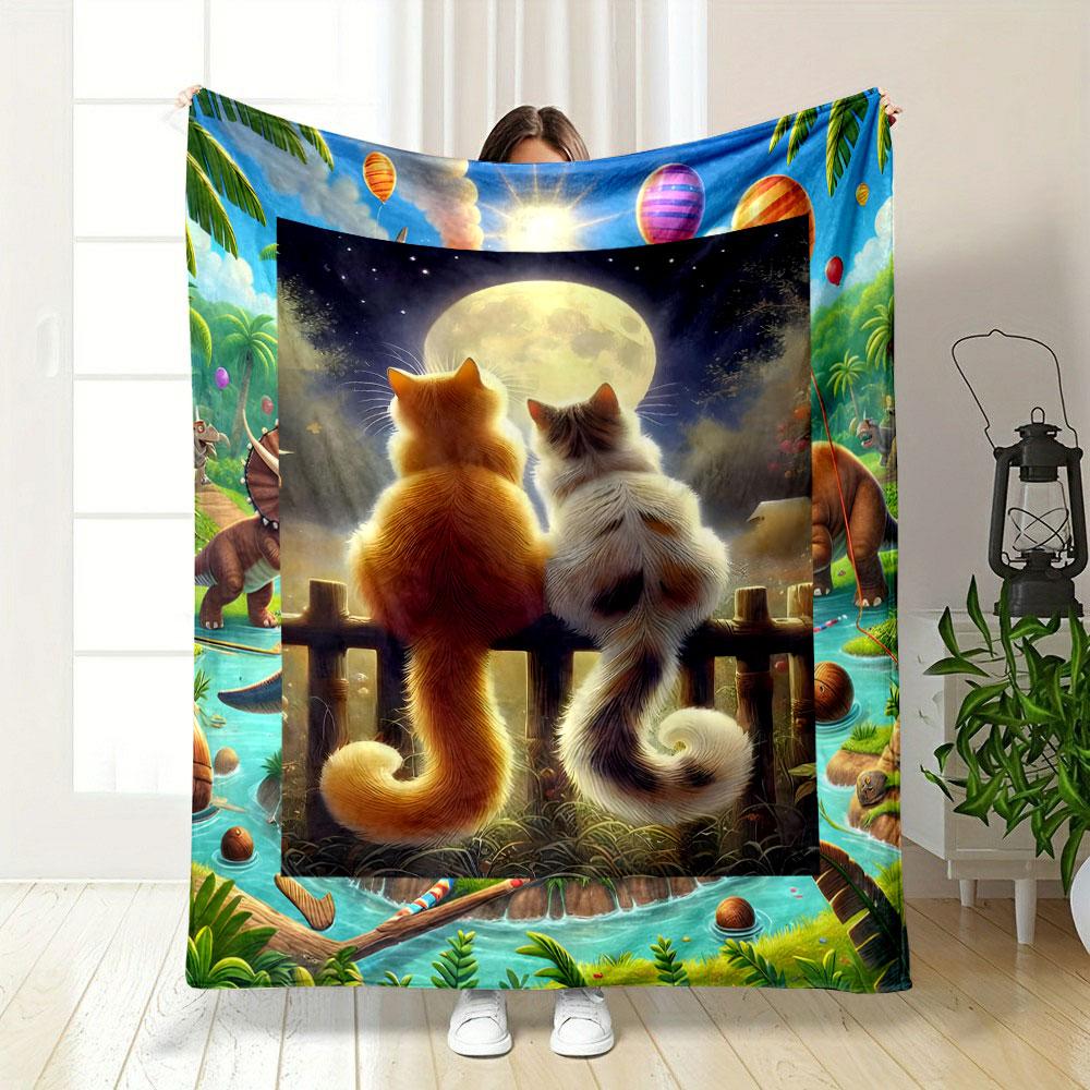 Cats Moon Night Print Blanket Bedroom Blanket for Livingroom Couch Lunch Break Soft Throw for Friend s Festival Gift 75X95CM