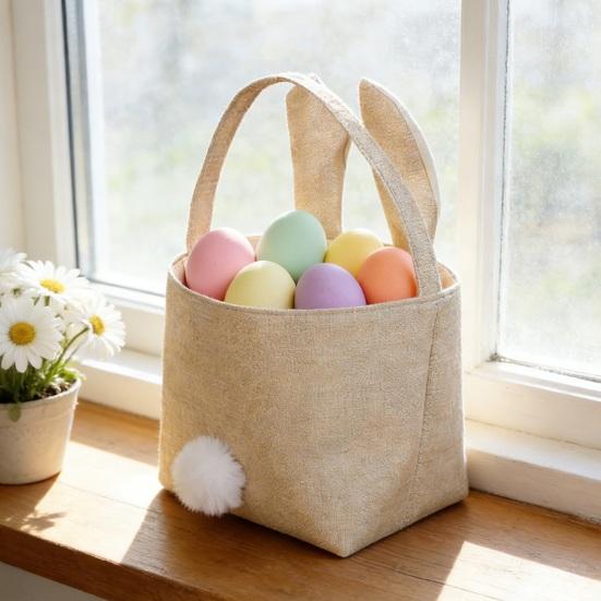 Storage Bag Food-Grade Easter Bunny Bucket with Soft Flocked Ears Pom-pom Tail Large Capacity Toy Candy Holder Kids Storage Container