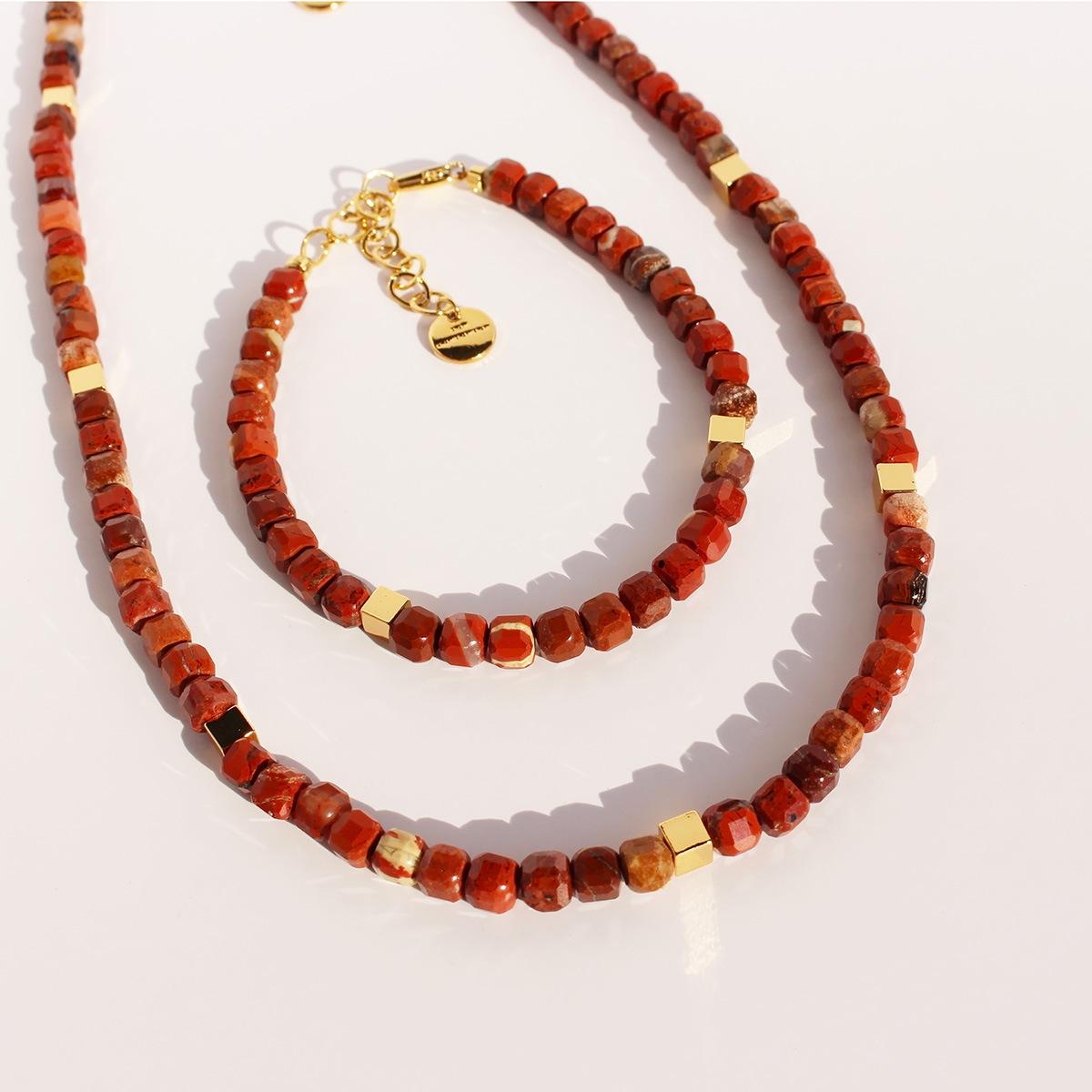 

Винтажный дизайн ниши натуральный ограненный красный камень бусины ручной работы ожерелье золотой квадратный бисер разделитель ключицы цепочка браслет 27