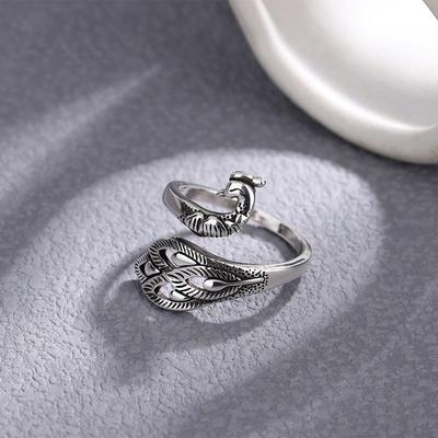 Sterling Silver S925 Cross-Border Vintage Thai Silver Peacock Opening Female Ring Simple Personality Ring Tide Ornament