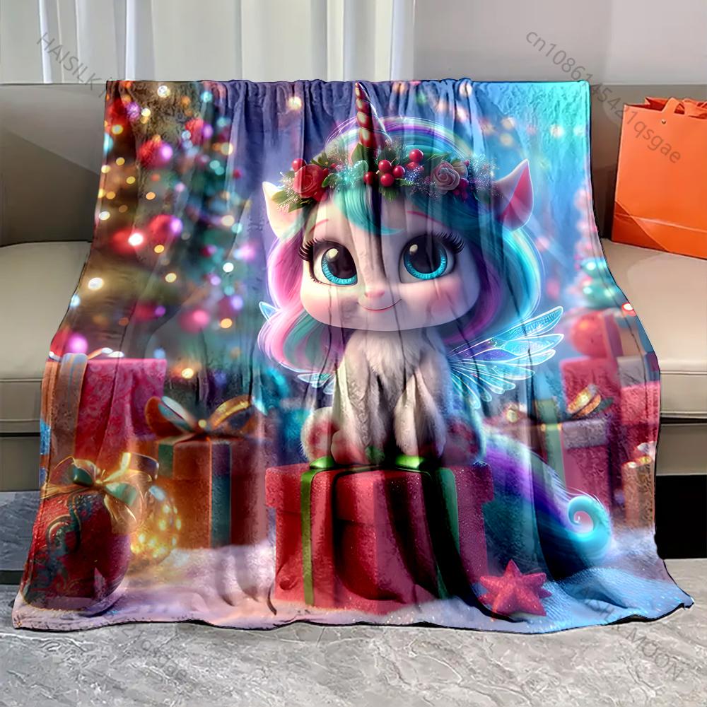Colorful Festive Unicorn and Presents Pattern Blanket Flannel Material Soft Warm for All Seasons Home Outdoor Camping Picnics RV