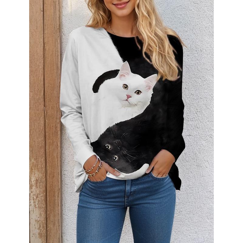 Women's T shirt Tees Color Block Cat Black White Print Long Sleeve Daily Weekend Funny Round Neck Regular Fit Spring