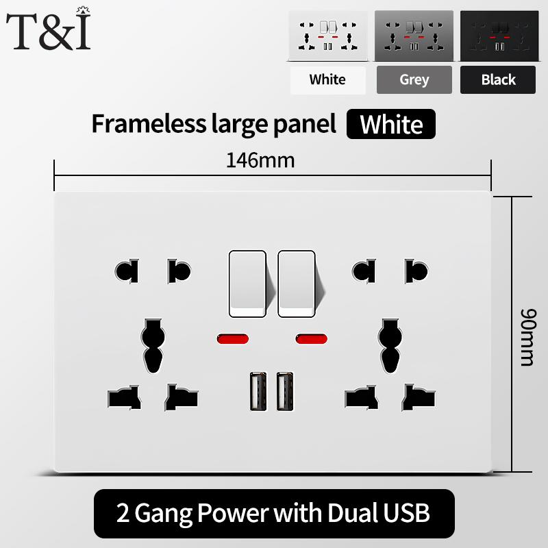 Universal Wall Socket with USB-C USB Charger & Switches- 2 Gang Power Outlet With LED, Flush Mount, AC 110-250V