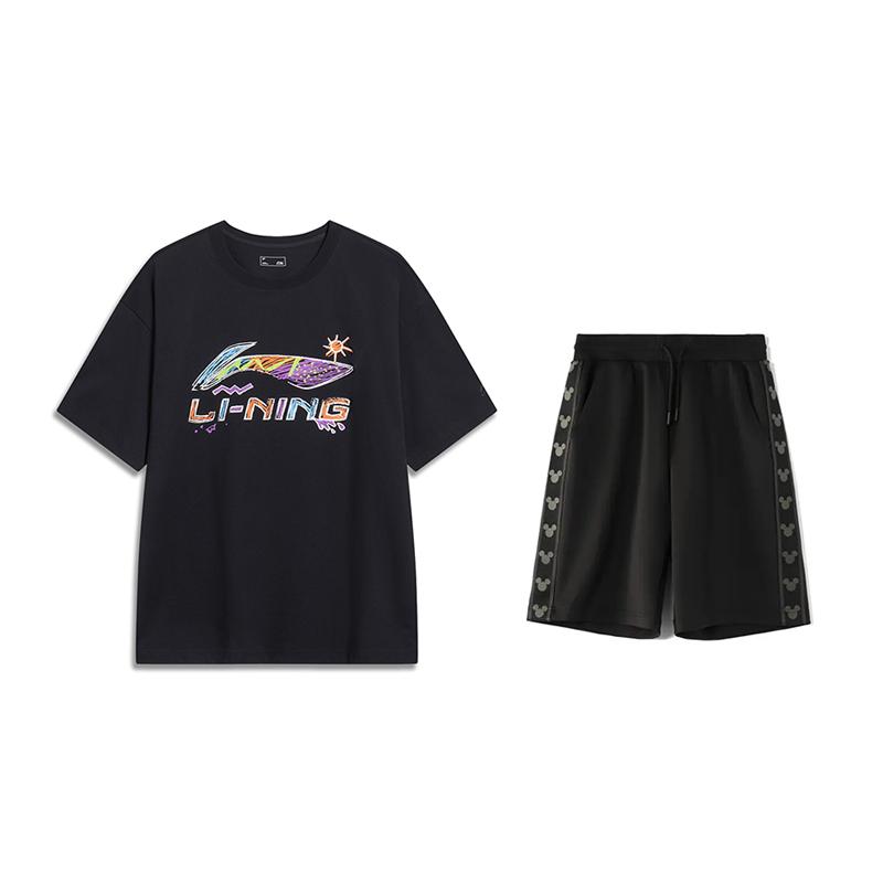 

Логотип Li Ning, принт ручной работы, пуловер с круглым вырезом, короткий рукав, универсальный, приятный к коже, удобный, шорты, повседневный спортивный костюм AHSU745-1+YKSV129-2 S