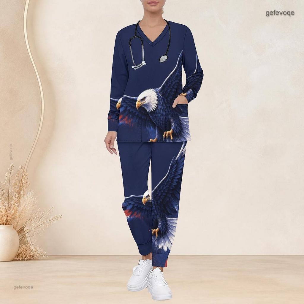 Conjunto de Uniforme de Enfermera para Mujer Tallas Grandes Cuello en V Manga Larga Estampado Patriótico Águila Calva Vintage