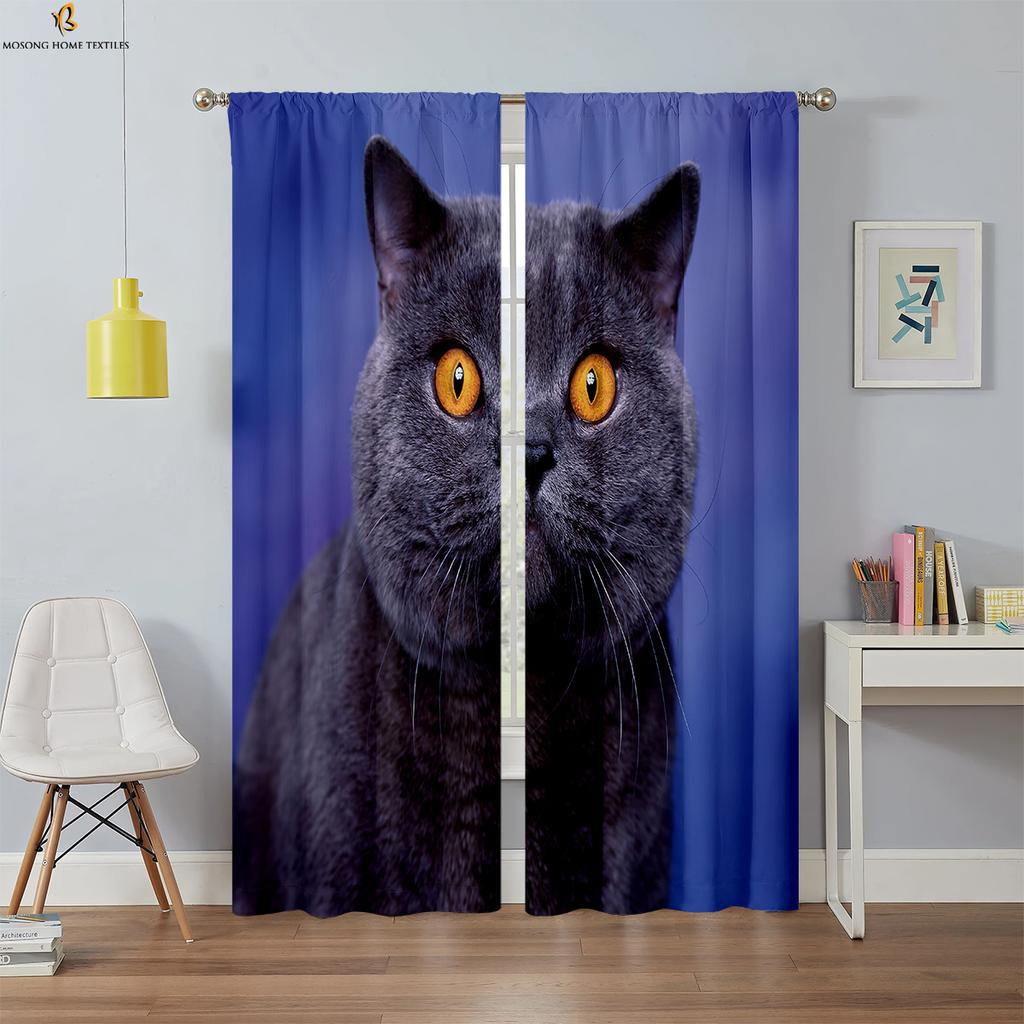 Black Cool Cat Printed Curtain Bedroom Kitchen Living Room Kids Decorative Curtains Set Of 2 Made Polyester With Rod Pocket Sitting Decor