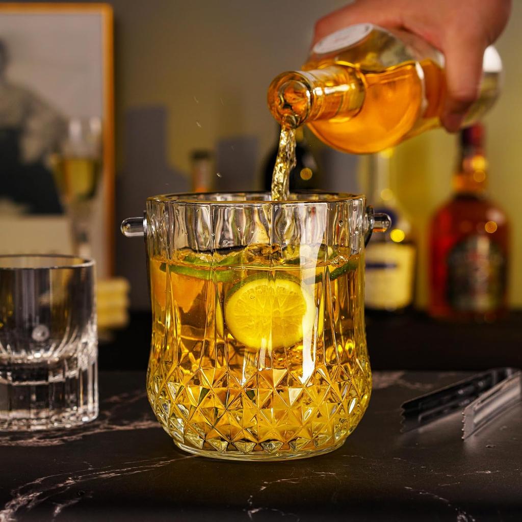 Glass Ice Bucket with Handle and Ice Tong Holds 37oz of Ice Clear Crystal Ice Buckets for Cocktail Bar Wine Home Bar Accessories Parties Clear