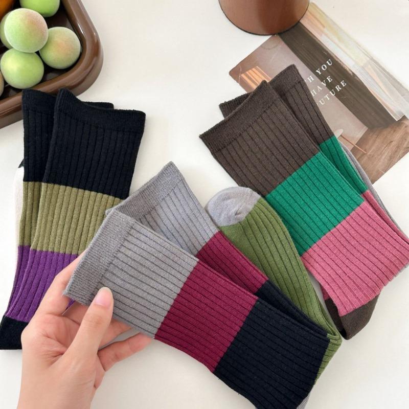Autumn and Winter Color-blocked Striped Socks, Dopamine Retro Mid-calf Double-needle Socks, Stylish and Slimming Long Socks
