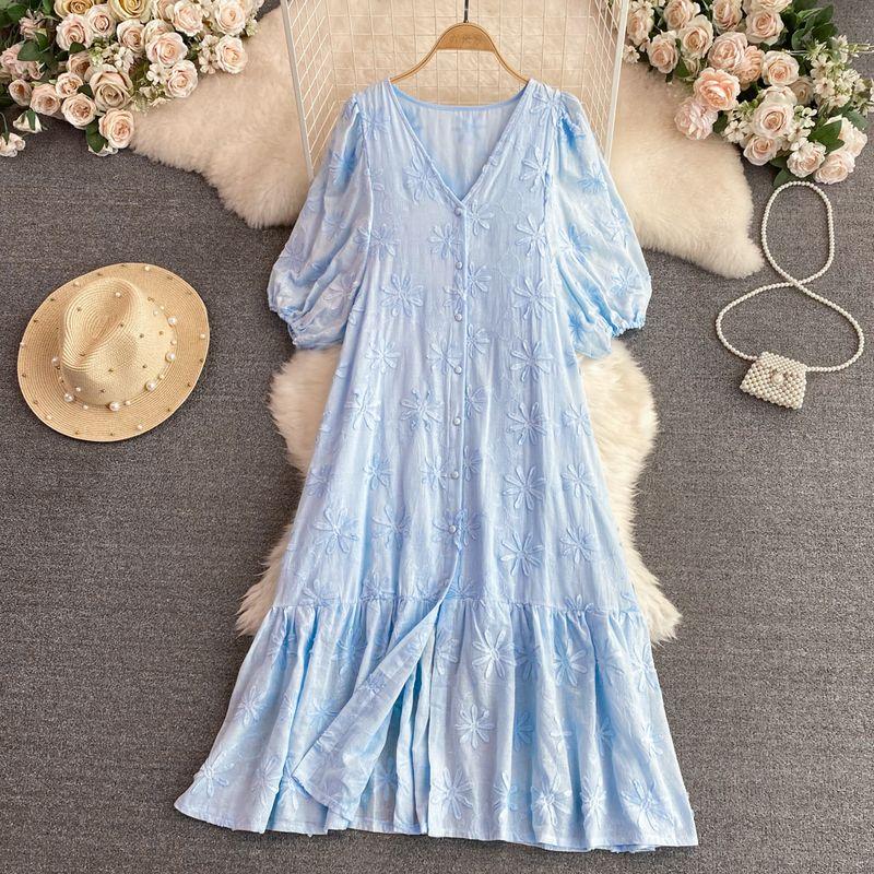 

First Date Tea Break Retro Bubble Single-Breasted A- line Dress Light Blue One size
