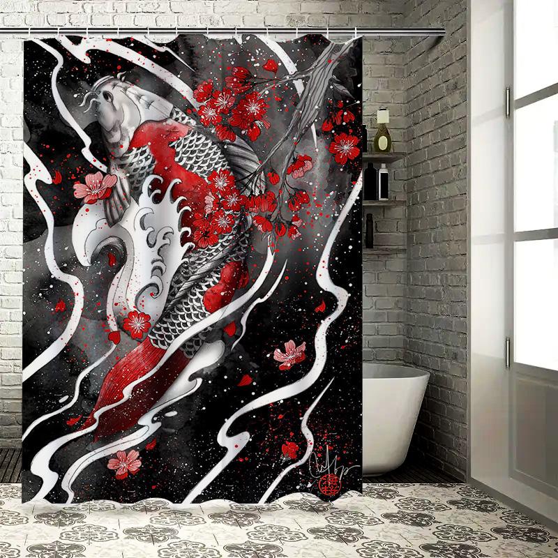 High-Quality Decorative Shower Curtains with Japanese Koi Fish Print Black Red Floral Design for Bathroom Decoration Easy Instal