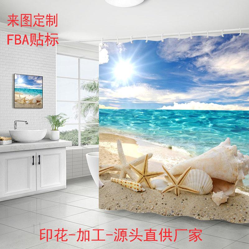 Shower Curtain Bathroom Fabric Non-Punching Beach Natural Scenery Digital Printing Shower Curtain With 12 Hooks