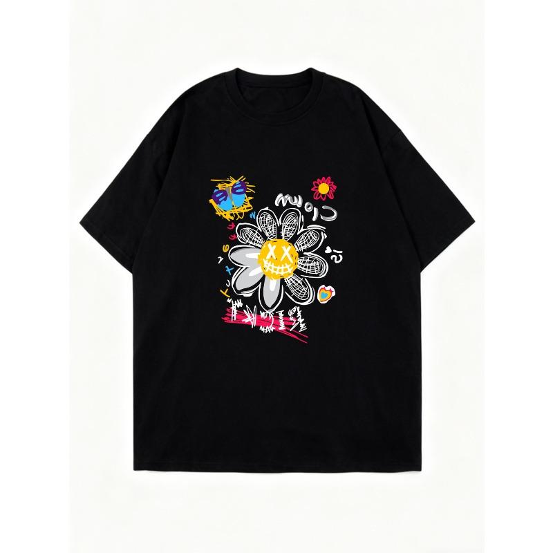 Oversized T Shirt Dress Black Flower And Smiley Face Print With Japanese Text And Colorful Details Casual Streetwear Style For Women